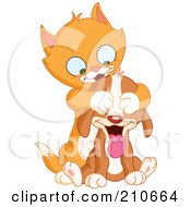 Royalty Free RF Clipart Illustration Of A Cute Ginger Kitten Playing Guess Who With A Puppy by yayayoyo