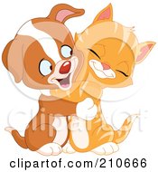Cute Ginger Kitten And Puppy Dog Hugging And Smiling