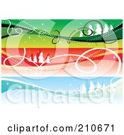 Poster, Art Print Of Digital Collage Of Three Colorful Christmas Headers With Landscapes And Ribbons