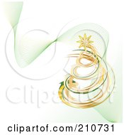 Poster, Art Print Of Golden And Green Coil Christmas Tree With Mesh Green Waves On White