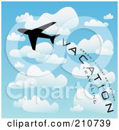 Royalty Free RF Clipart Illustration Of A Silhouetted Play Flying With A Trail Of Vacation And Travel Words In A Cloudy Sky by Arena Creative