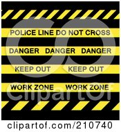 Royalty-Free Rf Clipart Illustration Of Police Line Do Not Cross Danger Keep Out And Work Zone Strips Over Black
