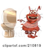 Royalty Free RF Clipart Illustration Of A 3d Rodney Germ Smiling And Pointing At A Toilet