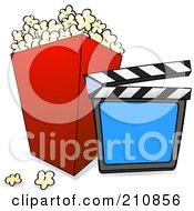 Poster, Art Print Of Clapperboard Resting Against A Container Of Movie Popcorn On A White Background