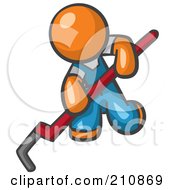 Royalty Free RF Clipart Illustration Of An Orange Man Design Mascot Kneeling And Using A Pipe Wrench