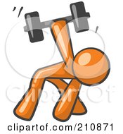 Orange Man Design Mascot Bent Over And Working Out With A Dumbbell