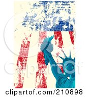 Royalty-Free Rf Clipart Illustration Of An American Grunge Background Of A Blue Statue Of Liberty Over A Distressed Flag