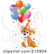 Cute Beagle Puppy Dog Holding Balloon Strings In His Mouth And Wearing A Party Hat