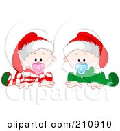 Poster, Art Print Of Twin Baby Boy And Girl In Christmas Pajamas And Hats