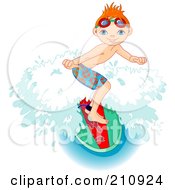 Sporty Young Boy Riding A Wave On A Surfboard