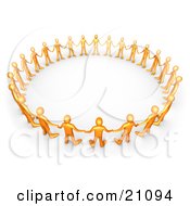 Clipart Illustration Of Orange People In A Group Holding Hands And Standing In A Circle Symbolizing Support And Teamwork by 3poD #COLLC21094-0033