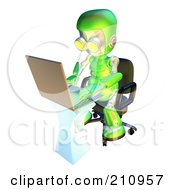 3d Green Robot Character Using A Laptop At A Desk