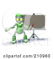 Poster, Art Print Of 3d Green Robot Character Teaching In Front Of A Board