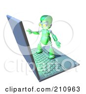 Poster, Art Print Of 3d Green Robot Character Standing On A Giant Laptop