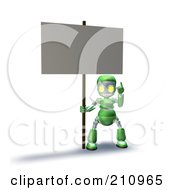 3d Green Robot Character Pointing Up And Holding A Blank Sign