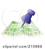 Royalty Free RF Clipart Illustration Of A Blue 3d Push Pin Over A Green Street Map by AtStockIllustration