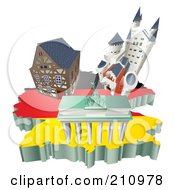 Poster, Art Print Of Royalty-Free Rf Clipart Illustration Of 3d German Tourist Attractions Over A Flag Map Of Germany