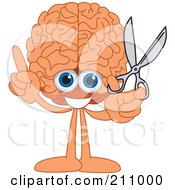 Brain Guy Character Mascot Holding Scissors