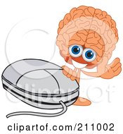 Poster, Art Print Of Brain Guy Character Mascot Waving By A Computer Mouse