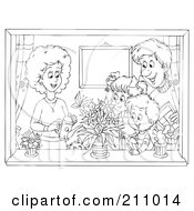 Poster, Art Print Of Coloring Page Outline Of A Happy Family Watering Plants In A Window