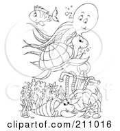 Royalty Free RF Clipart Illustration Of A Coloring Page Outline Of An Octopus Turtle And Fish Swimming Over An Anchor by Alex Bannykh
