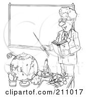 Royalty Free RF Clipart Illustration Of A Coloring Page Outline Of A Male Teacher By A Blank Board by Alex Bannykh