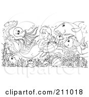 Poster, Art Print Of Coloring Page Outline Of Sea Creatures Surrounding A Pretty Mermaid