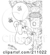 Royalty Free RF Clipart Illustration Of A Coloring Page Outline Of A Bear Using A Balloon To Float Up To A Honey Hive