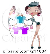 Poster, Art Print Of Pretty Woman Holding Up Clothes In Front Of A Mirror