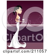 Poster, Art Print Of Pretty Black Haired Woman In A White Gown Drinking Wine And Viewing A City