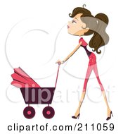 Poster, Art Print Of Pretty Brunette Mother Walking With A Baby Stroller