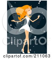 Pretty Blond Woman Dancing In A White Dress Over Blue