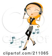 Happy Blond Woman Dancing And Holding Onto Headphones