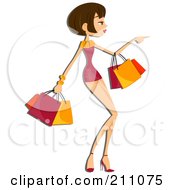 Poster, Art Print Of Pretty Brunette Woman Pointing And Carrying Shopping Bags