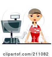 Poster, Art Print Of Bored Brunette Cashier Woman At A Counter