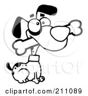Royalty Free RF Clipart Illustration Of An Outlined Alert Dog Sitting With A Bone In His Mouth