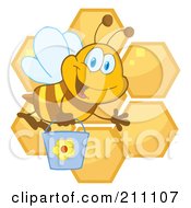 Poster, Art Print Of Cute Bee Waving And Carrying A Bucket Over Honeycombs