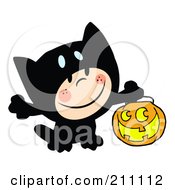 Poster, Art Print Of Happy Kid Trick Or Treating In A Black Kitty Costume