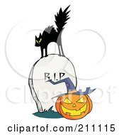 Scared Black Cat On A Tombstone Over A Jackolantern