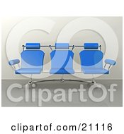 Clipart Illustration Of A Modern Blue Office Bench With Three Seats On A Reflective Floor