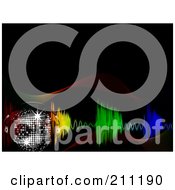 Royalty Free RF Clipart Illustration Of A Sparkly Disco Ball With Headphones Over Colorful Equalizer Waves On Black