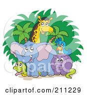 Poster, Art Print Of Giraffe Hippo Parrot Snake And Giraffe Standing By Trees And Bushes