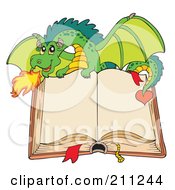 Green Dragon Breathing Fire Over An Open Book With Blank Pages