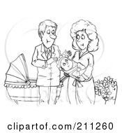 Poster, Art Print Of Coloring Page Outline Of A Happy Couple With A Newborn Baby
