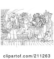 Royalty Free RF Clipart Illustration Of A Coloring Page Outline Of A Frog And Crow With People By A Kink by Alex Bannykh