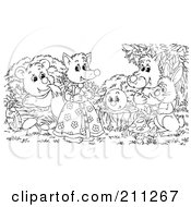 Royalty Free RF Clipart Illustration Of A Coloring Page Outline Of A Group Of Happy Animals By A Stump
