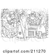 Royalty Free RF Clipart Illustration Of A Coloring Page Outline Of A Group Of People By A Treasure Chest