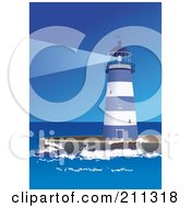 Royalty Free RF Clipart Illustration Of A Blue And White Lighthouse Shining A Beacon Out At Sea