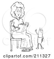 Royalty Free RF Clipart Illustration Of A Coloring Page Outline Of A Pill Talking To A Woman Reading by Alex Bannykh