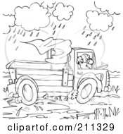 Poster, Art Print Of Coloring Page Outline Of A Man Driving A Truck In The Rain